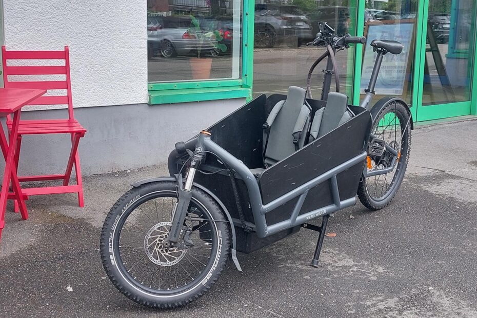 Ein sportliches Frontloader-Lastenrad mit zwei Kindersitzen in der Ladebox